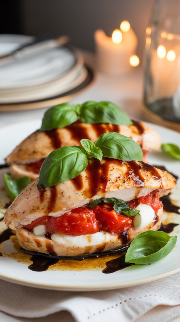 Caprese Stuffed Chicken with Balsamic Reduction and Fresh Basil Plated Caprese Stuffed Chicken with balsamic reduction and fresh basil on a romantic dinner table.
