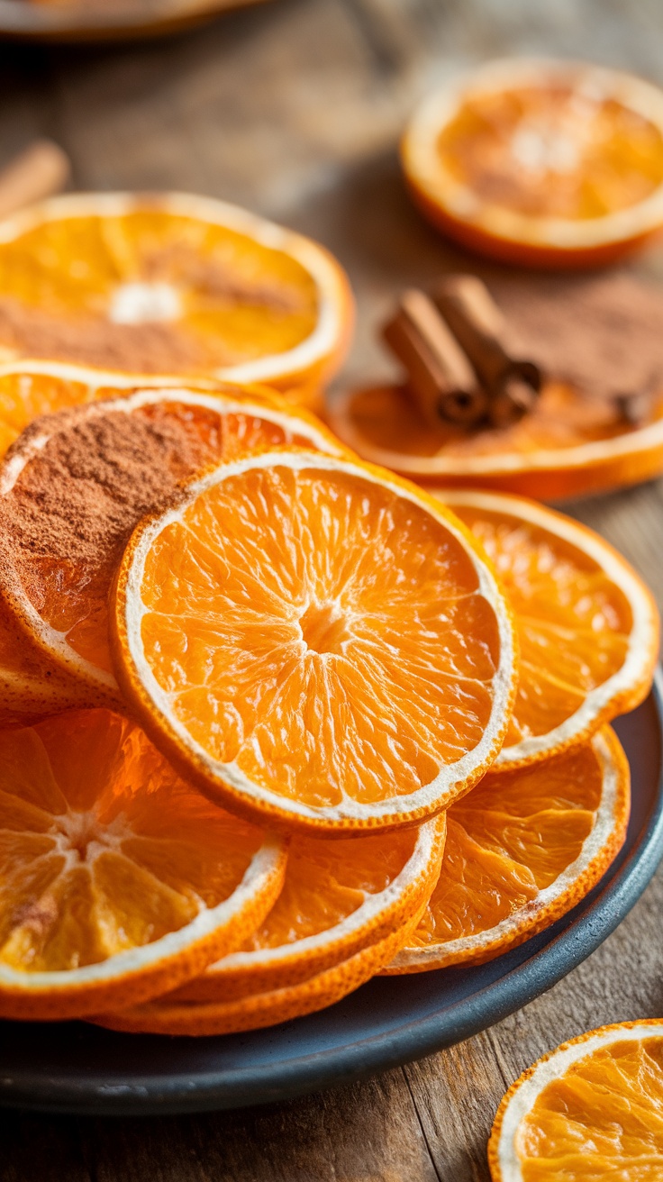 A plate of bright dehydrated orange slices dusted with cinnamon on a rustic wooden table.