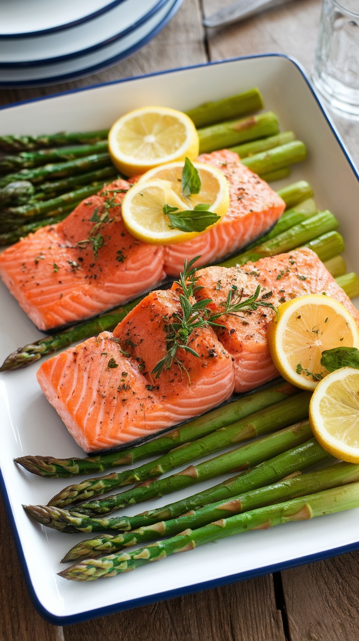 Baked Lemon Herb Salmon with Asparagus Recipe Baked lemon herb salmon with asparagus on a plate, garnished with lemon and herbs.