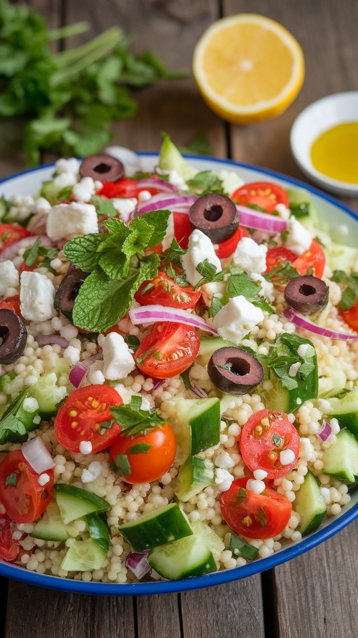 Flavorful Mediterranean Couscous Salad Recipe A vibrant Mediterranean couscous salad with cucumbers, tomatoes, red onion, olives, and feta cheese, garnished with herbs.