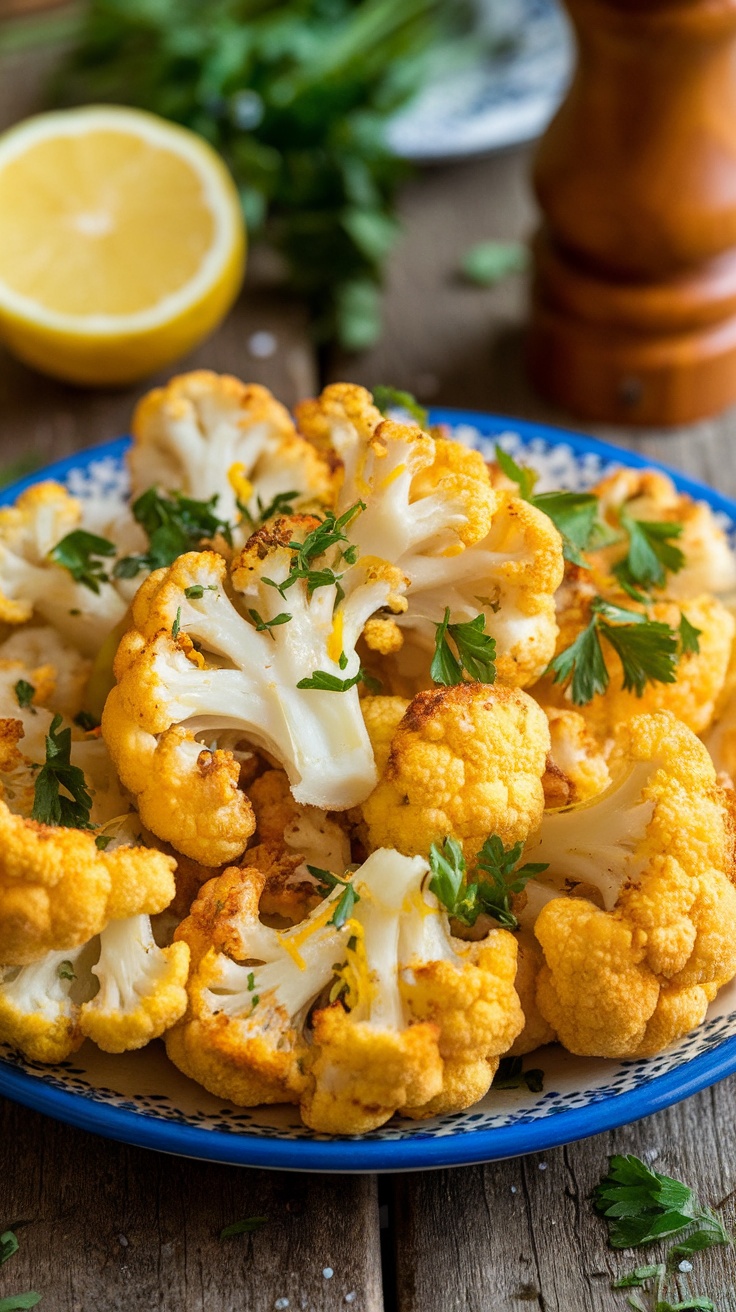 Crispy lemon pepper air-fryer cauliflower florets garnished with parsley on a rustic table.