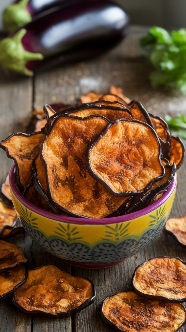 A bowl of crispy dehydrated eggplant chips on a wooden table, with fresh eggplants in the background.