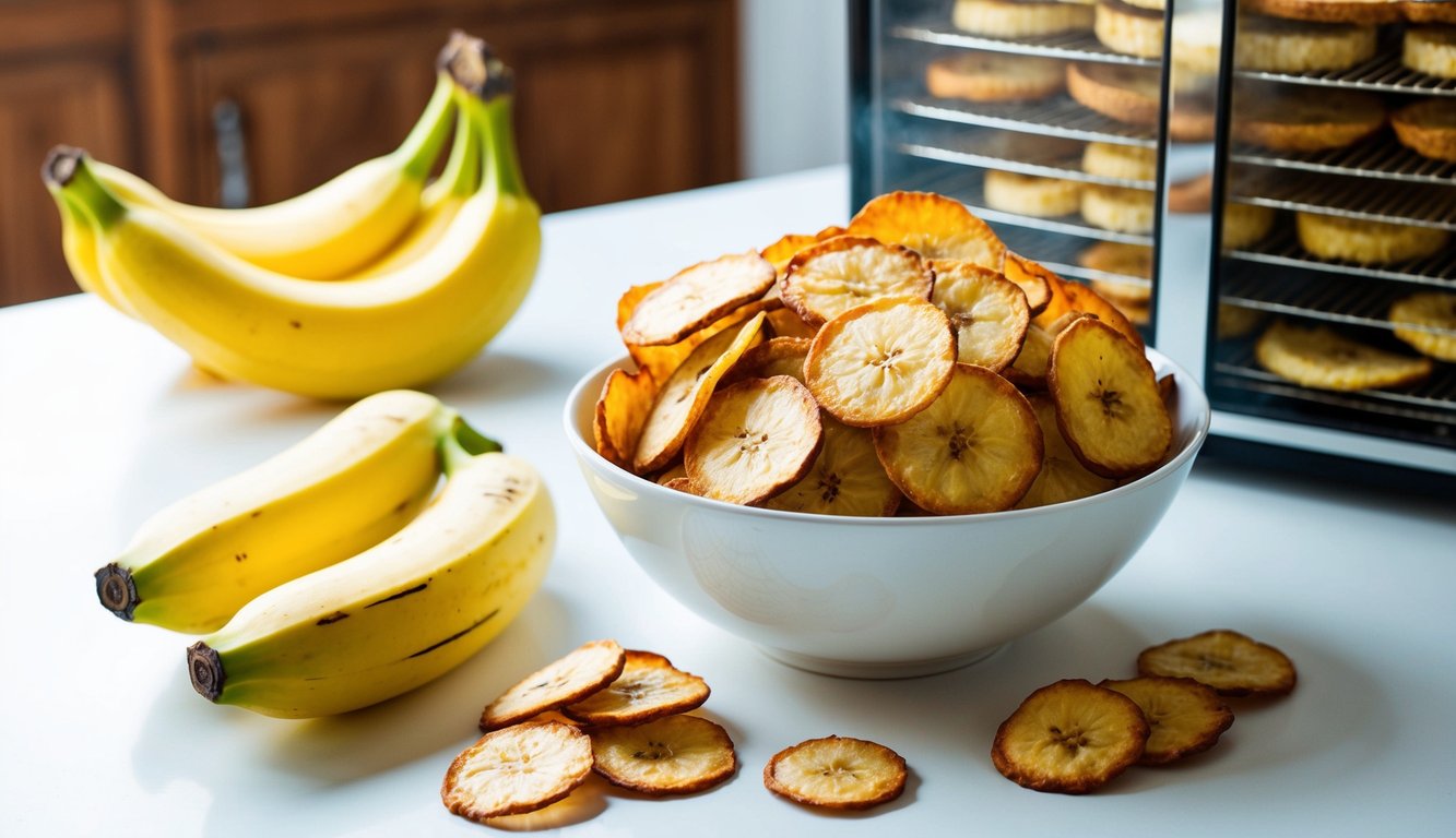 A bowl of crispy homemade banana chips arranged beautifully. The chips are golden brown, with some whole bananas in the background, and a dehydrator on the table. The setting is bright and inviting, showcasing the delicious, healthy snack.