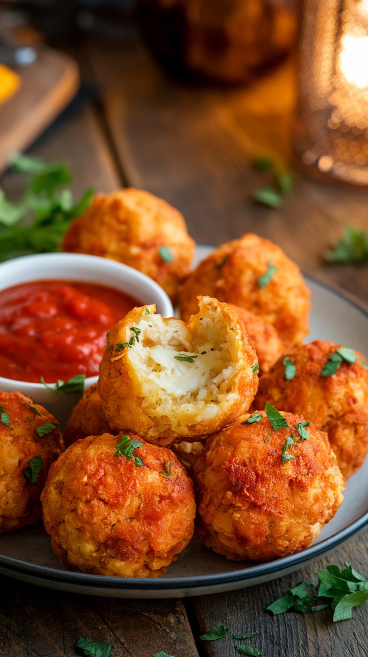 Crispy Air Fryer Cauliflower Rice Balls Recipe Crispy air fryer cauliflower rice balls on a plate with marinara sauce, garnished with parsley.