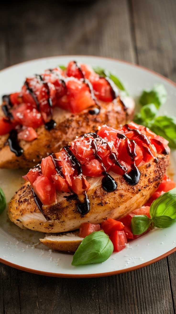 Bruschetta Chicken with Balsamic Glaze and Parmesan Cheese Bruschetta chicken with tomatoes, basil, balsamic glaze, and Parmesan on a rustic table.