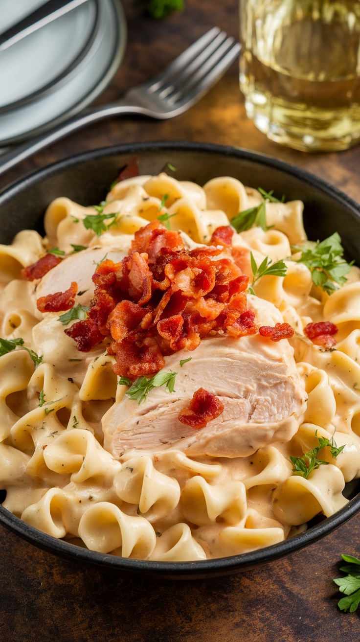 Creamy Chicken Alfredo Pasta with Crispy Bacon Creamy chicken Alfredo pasta with crispy bacon and parsley on a rustic table.