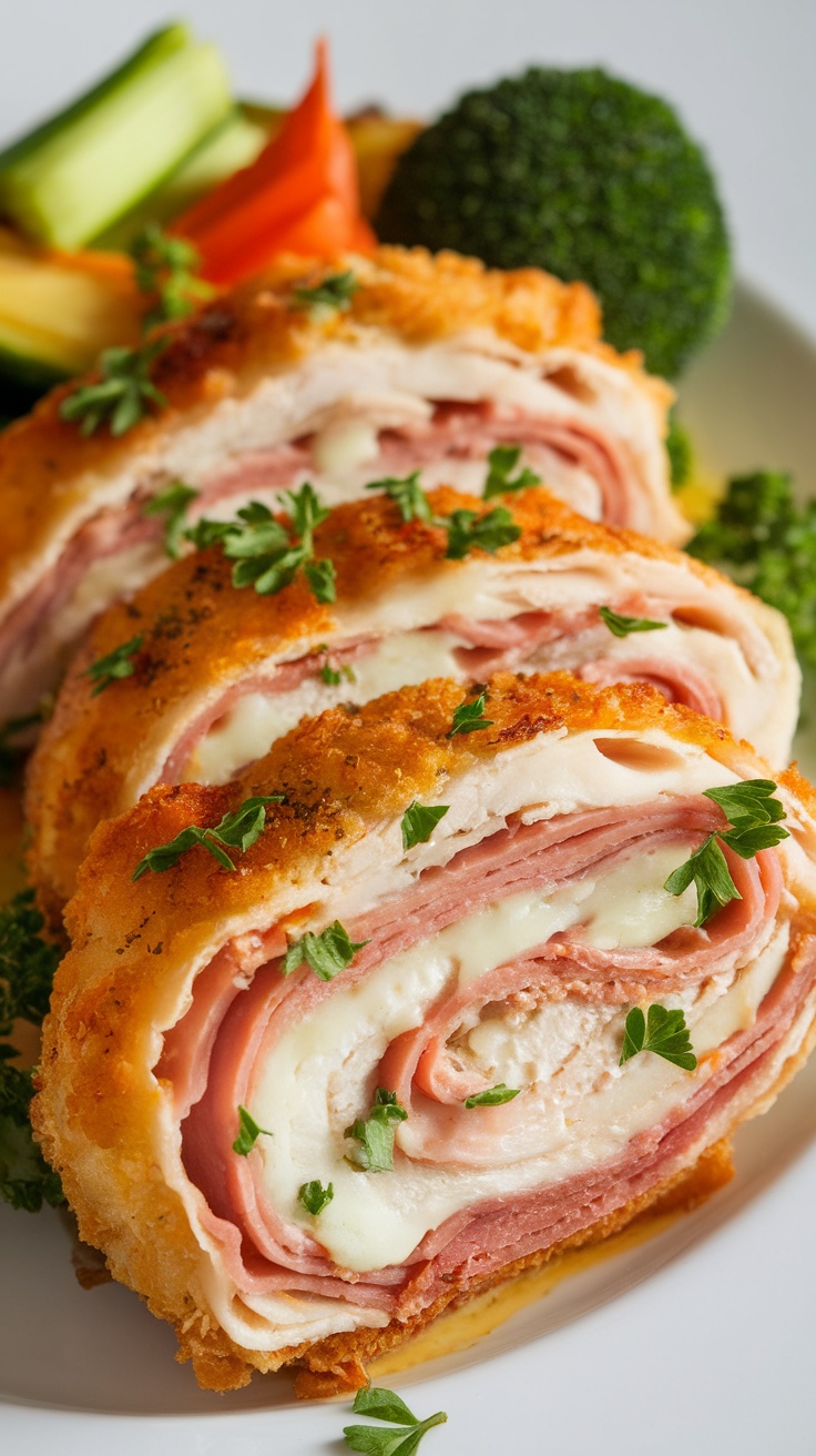 Classic Chicken Cordon Bleu Recipe Plated Chicken Cordon Bleu with ham and Swiss cheese, garnished with parsley and served with vegetables.