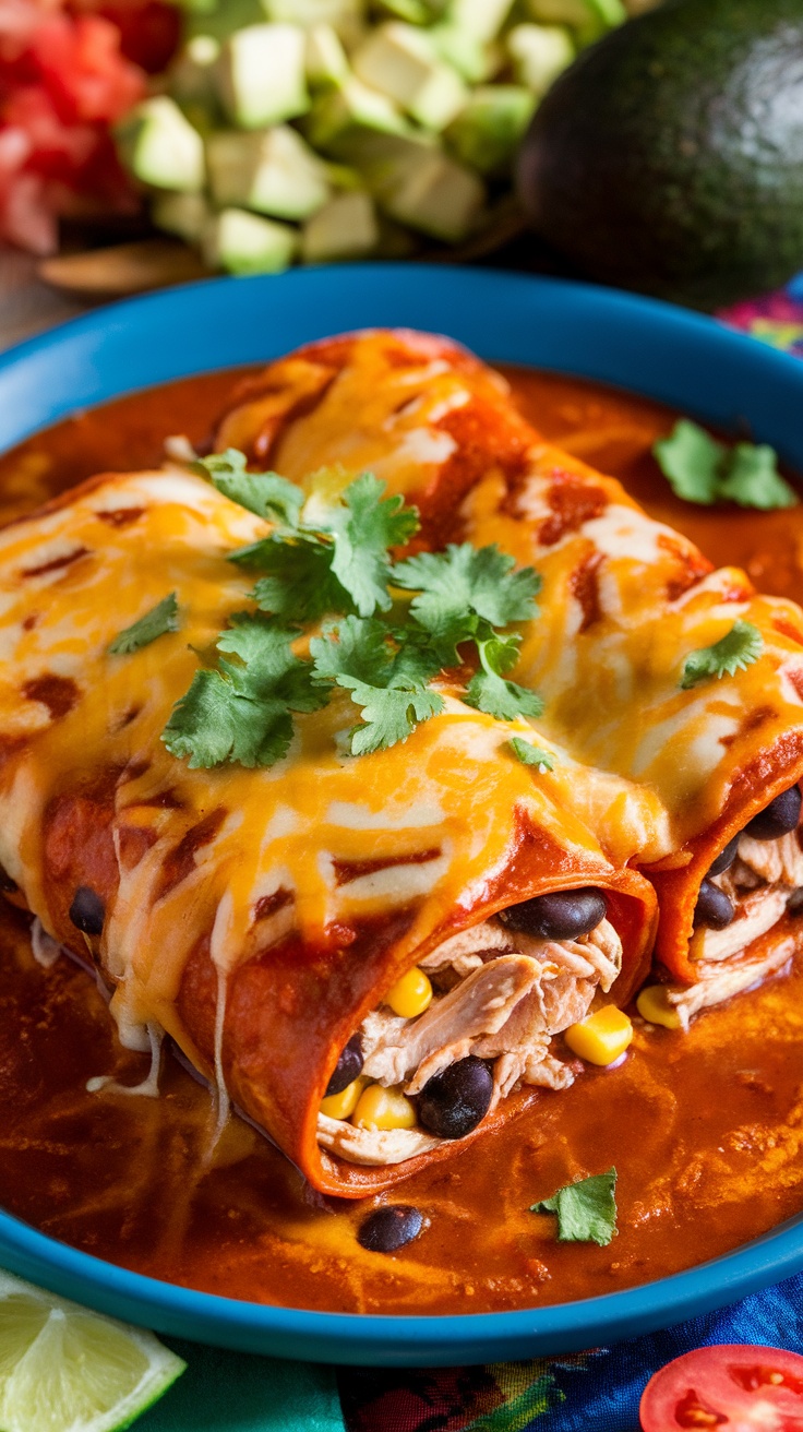 Cheesy Chicken Enchiladas with Black Beans and Corn A plate of chicken enchiladas topped with cheese and sauce, garnished with cilantro.
