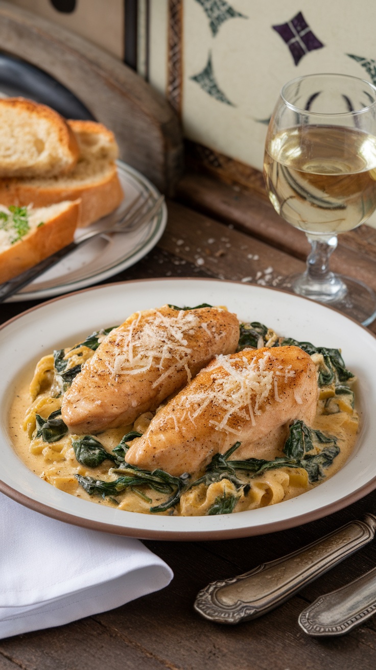 Creamy Chicken Florentine with spinach and Parmesan cheese on a plate, served with garlic bread.