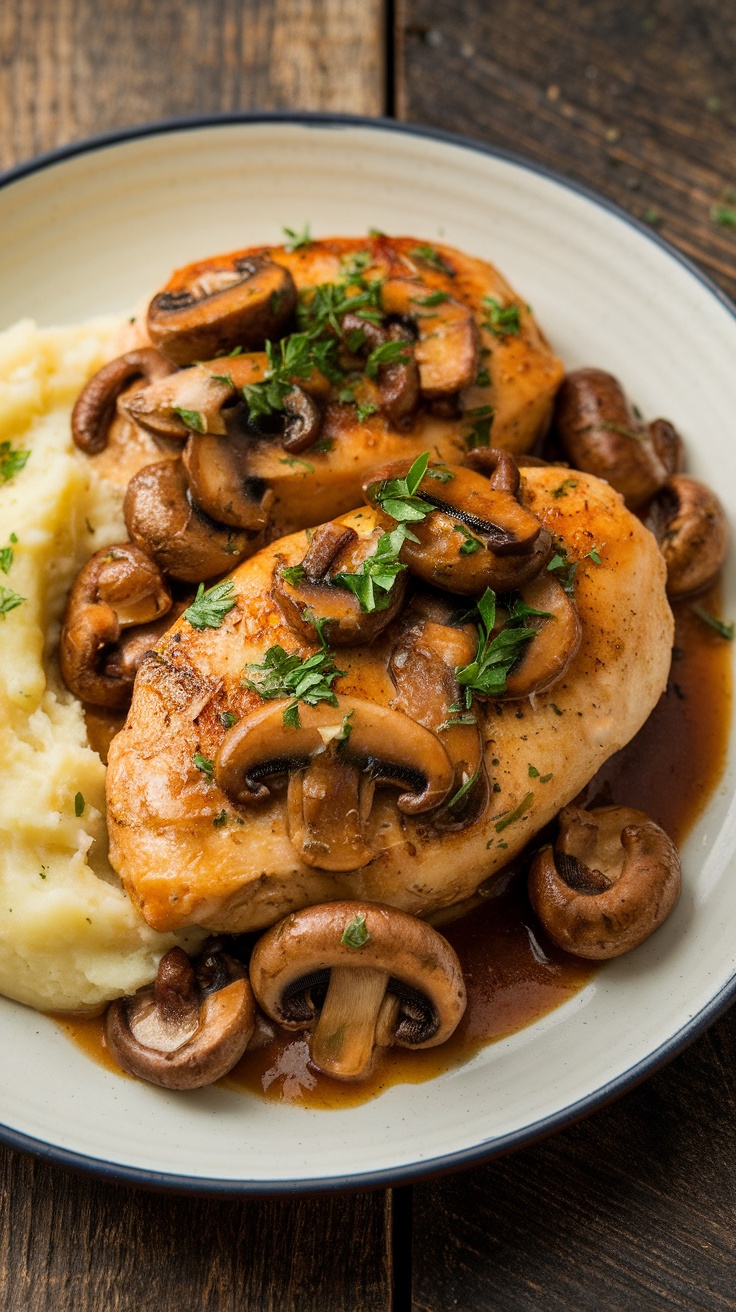 Savory Chicken Marsala with Mushrooms Plate of Chicken Marsala with mushrooms in wine sauce, served with mashed potatoes.