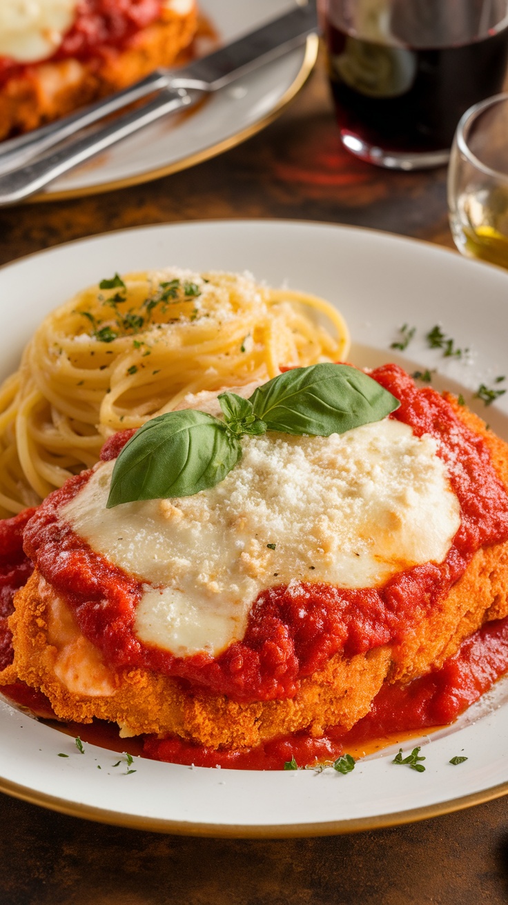 Chicken Parmesan with marinara sauce and melted mozzarella cheese, garnished with basil, served with spaghetti.