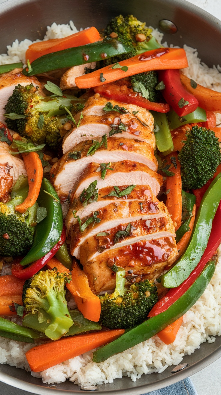 A colorful chicken stir-fry with broccoli, bell peppers, and carrots in a skillet served over rice.