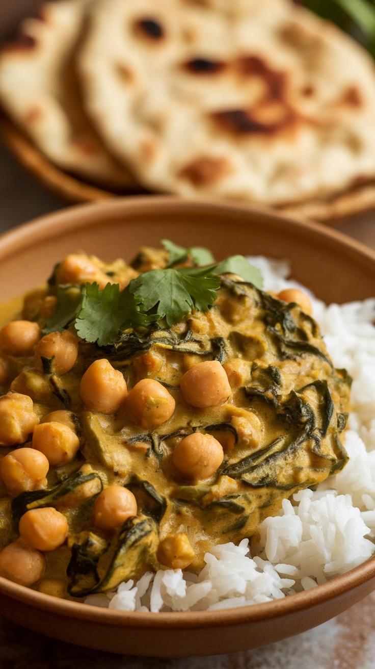 Chickpea and spinach curry served over rice with naan on the side.