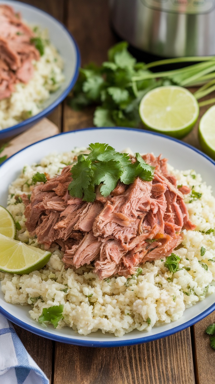 A plate of pork carnitas with cilantro lime cauliflower rice, garnished with cilantro and lime.