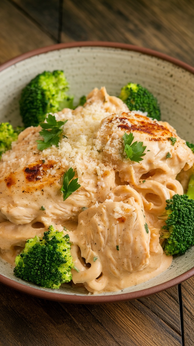 A rich plate of Keto Chicken Alfredo with chicken and broccoli in creamy sauce, sprinkled with Parmesan cheese.