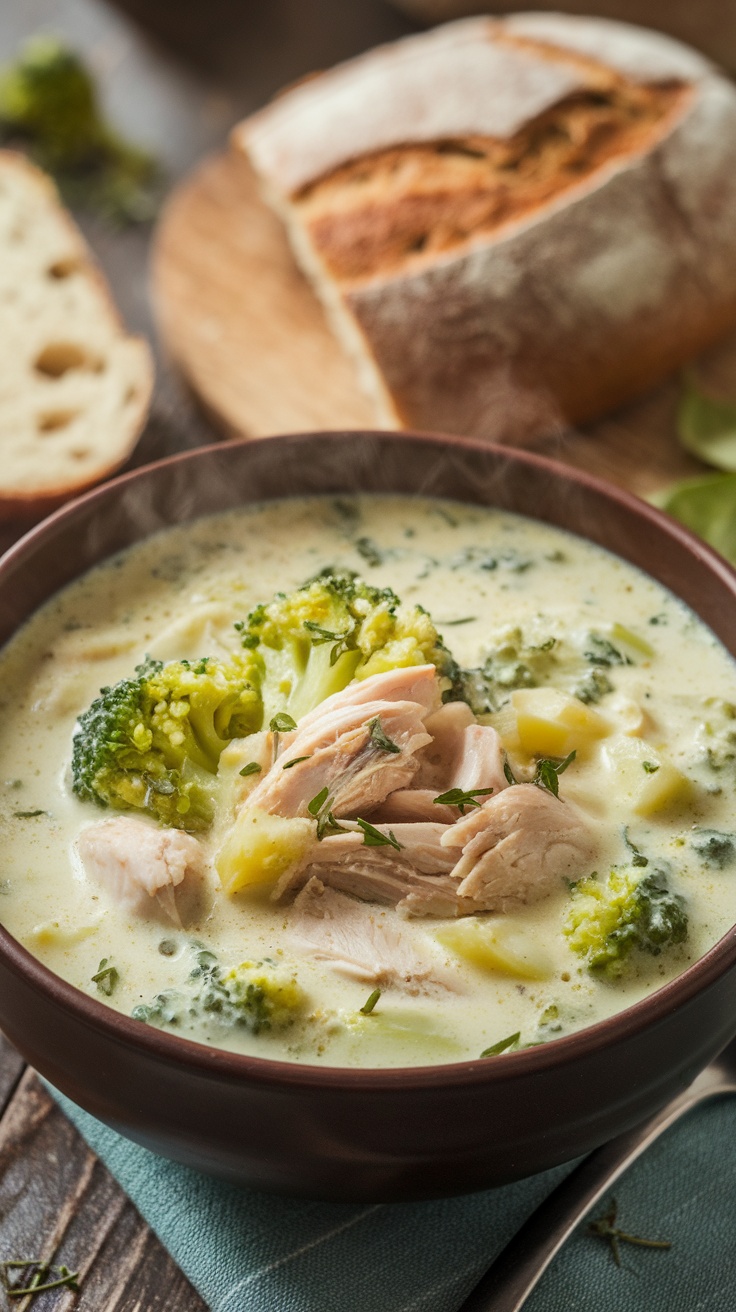 Creamy Keto Chicken Broccoli Soup Recipe A hearty bowl of chicken broccoli soup with broccoli and shredded chicken, garnished with herbs, on a rustic table.
