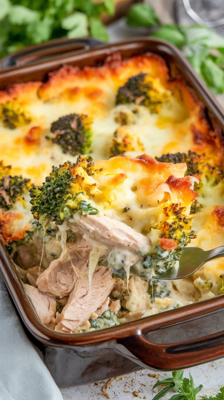 Quick and Easy Keto Chicken Broccoli Casserole Golden and cheesy chicken broccoli casserole in a rustic dish, ready to serve.