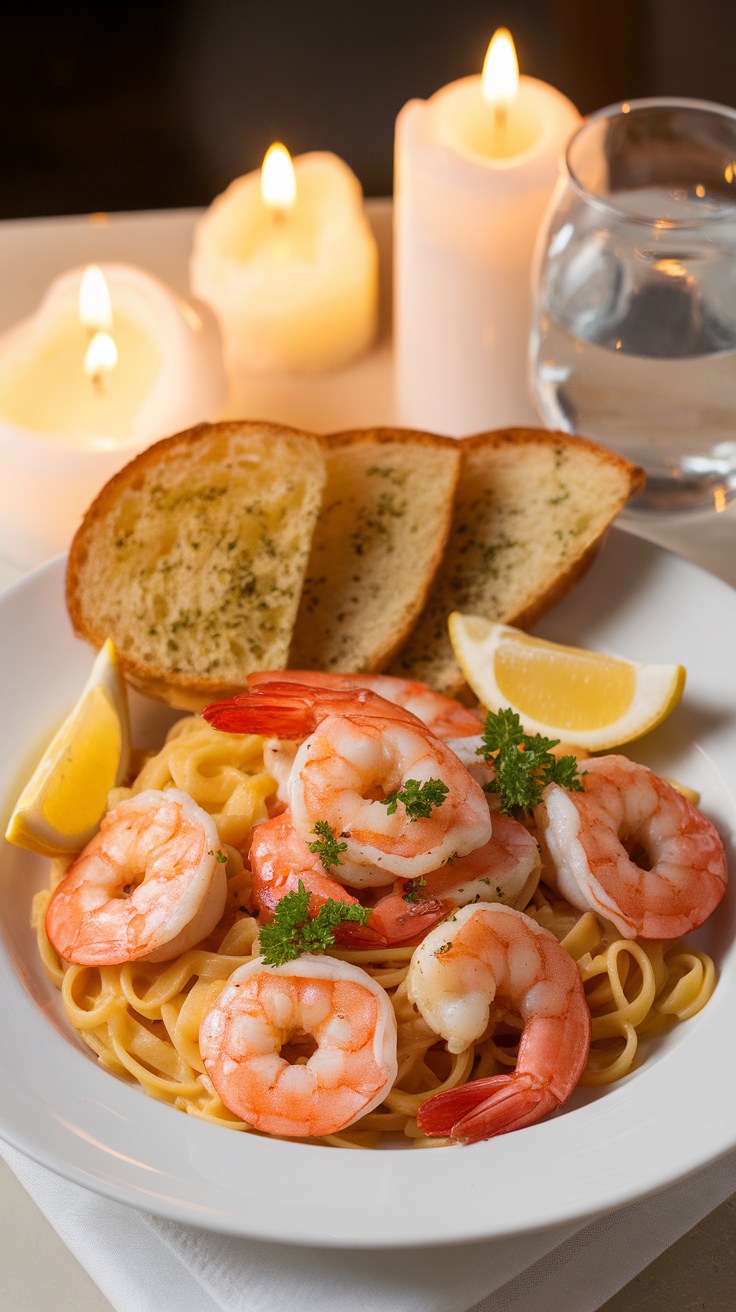 Plated shrimp scampi with pasta, garlic bread, garnished with parsley and lemon, on a romantic dinner table.