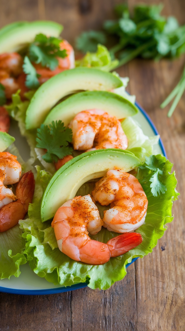 Zesty Spicy Shrimp and Avocado Lettuce Wraps Spicy shrimp and avocado lettuce wraps on a colorful plate, garnished with cilantro on a rustic table.