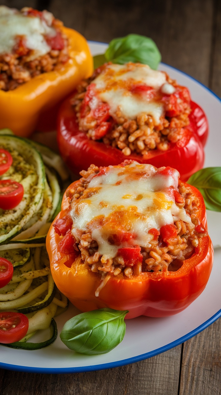 Savory stuffed bell peppers filled with brown rice and ground turkey, served with zucchini noodles and cherry tomatoes.