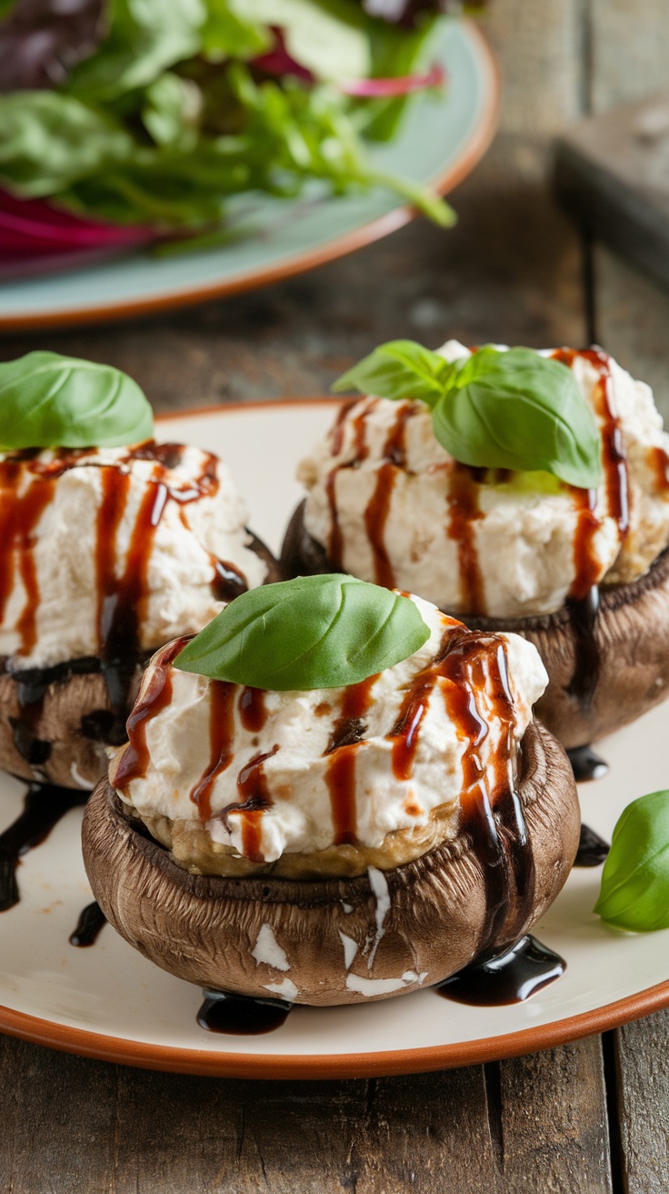Stuffed portobello mushrooms with goat cheese and balsamic glaze served on a rustic plate.