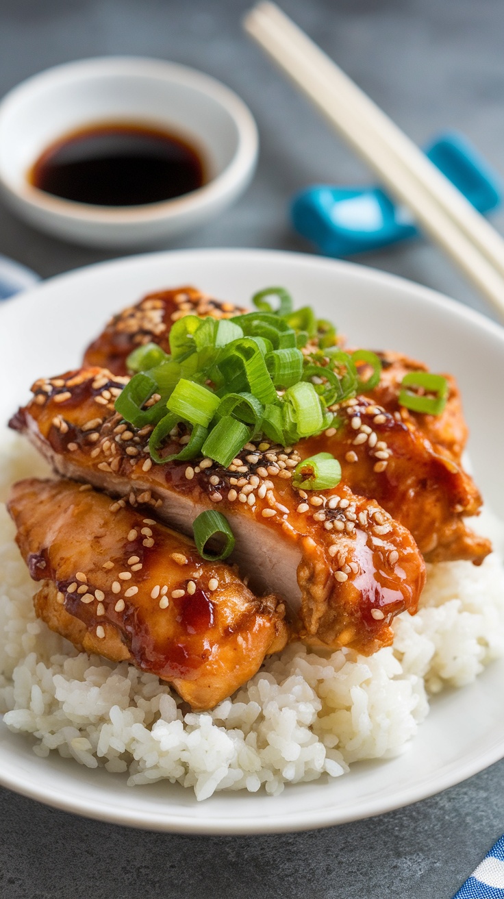 Plated teriyaki chicken with rice, garnished with sesame seeds and green onions, soy sauce in the background.