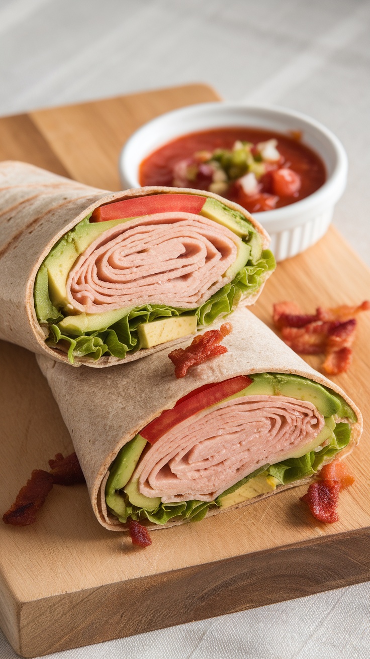 Quick and Nutritious Turkey and Avocado Wrap A turkey and avocado wrap sliced in half, showing fresh ingredients, on a cutting board with a bowl of salsa.