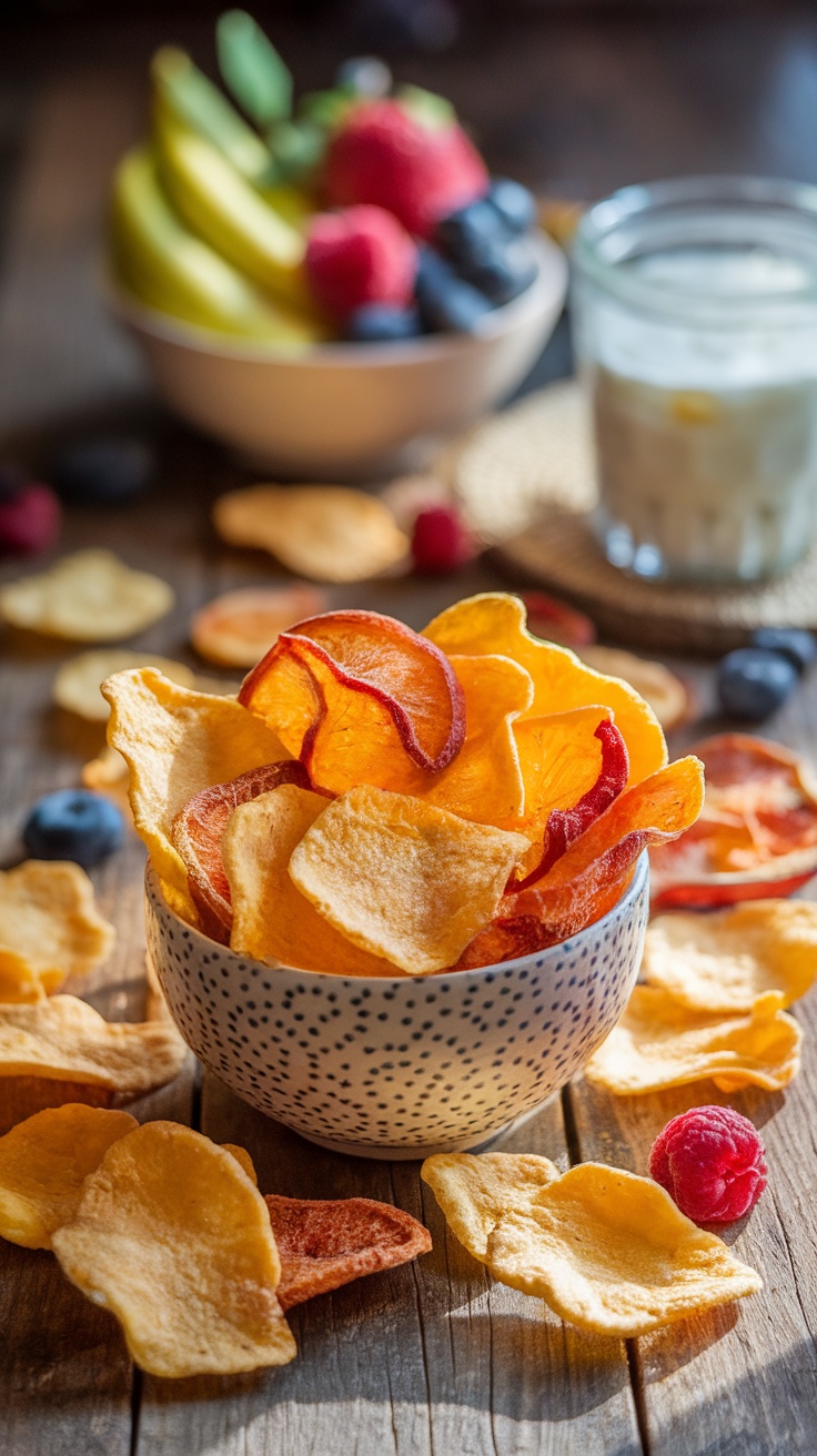 Homemade Dehydrated Yogurt Chips Recipe Homemade dehydrated yogurt chips on a wooden table with yogurt and fruits.