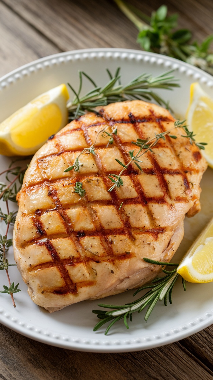 Grilled lemon herb chicken breast garnished with herbs and lemon wedges on a rustic wooden table.