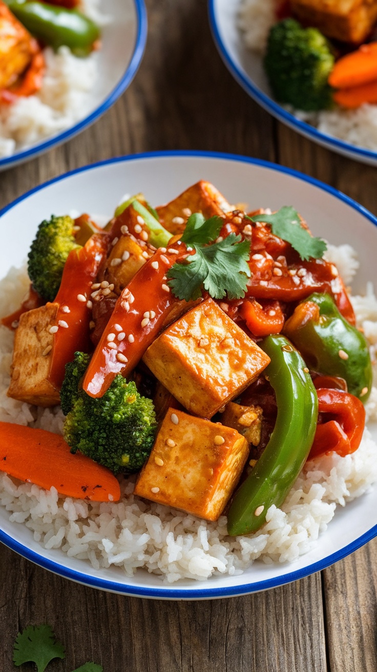 A colorful and appetizing spicy tofu stir-fry with tofu, bell peppers, broccoli, and carrots served over rice.
