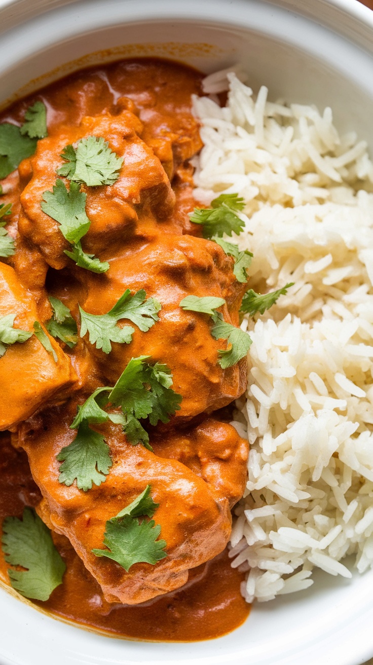 Slow Cooker Chicken Tikka Masala Recipe Bowl of chicken tikka masala garnished with cilantro, served with basmati rice.