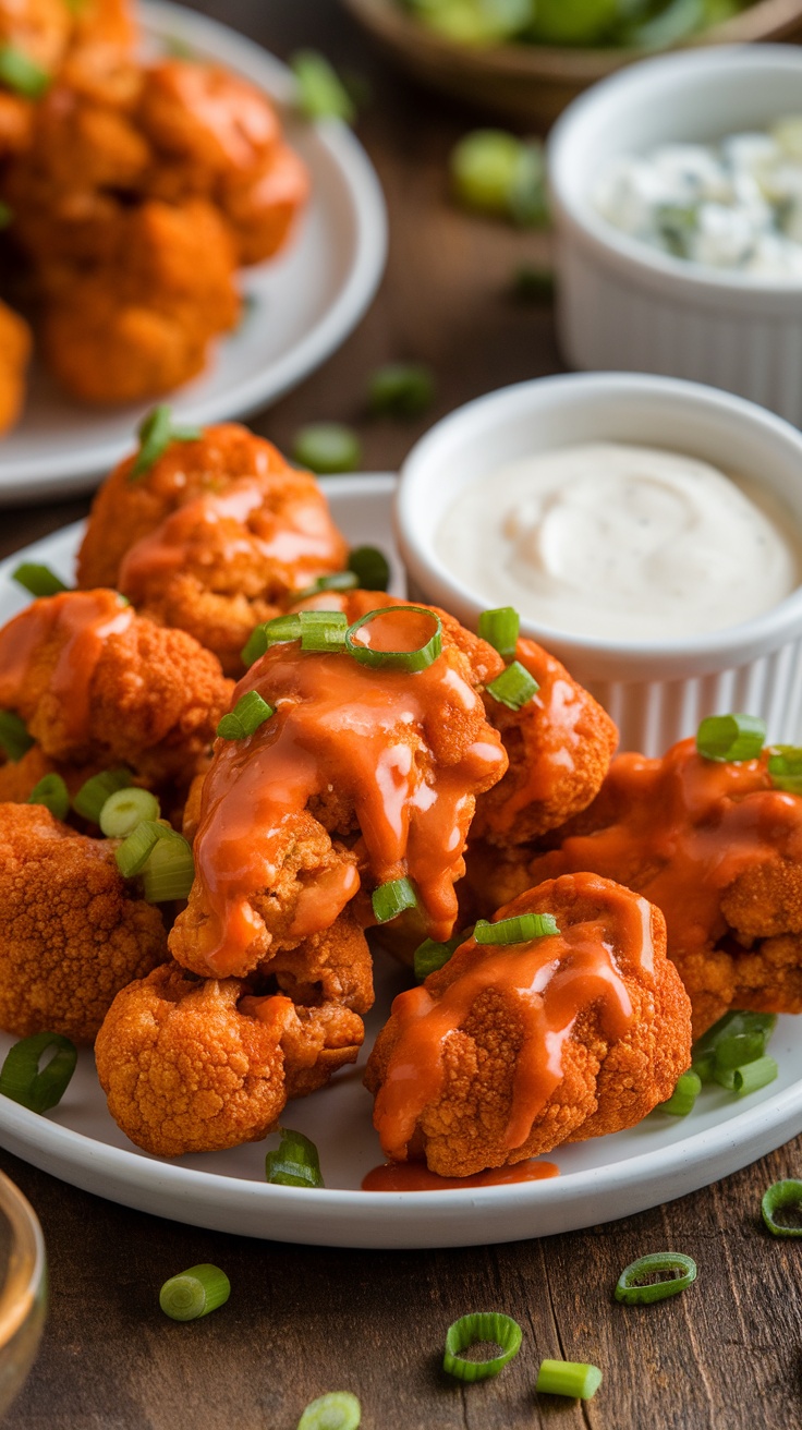 Crispy buffalo cauliflower wings with sauce and dips on a rustic table.