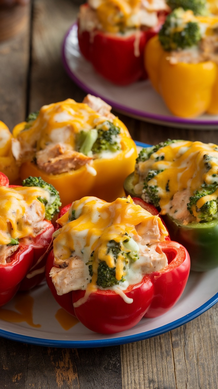 Low-Carb Chicken and Broccoli Stuffed Bell Peppers Stuffed bell peppers filled with chicken, broccoli, and cheese, on a rustic wooden table.
