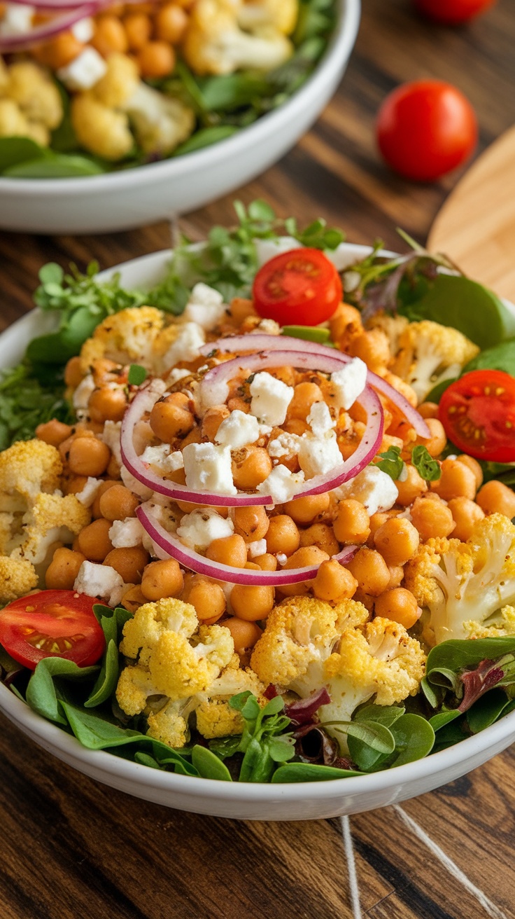 A colorful and crispy air fryer cauliflower and chickpea salad with greens, tomatoes, and feta on a wooden table.