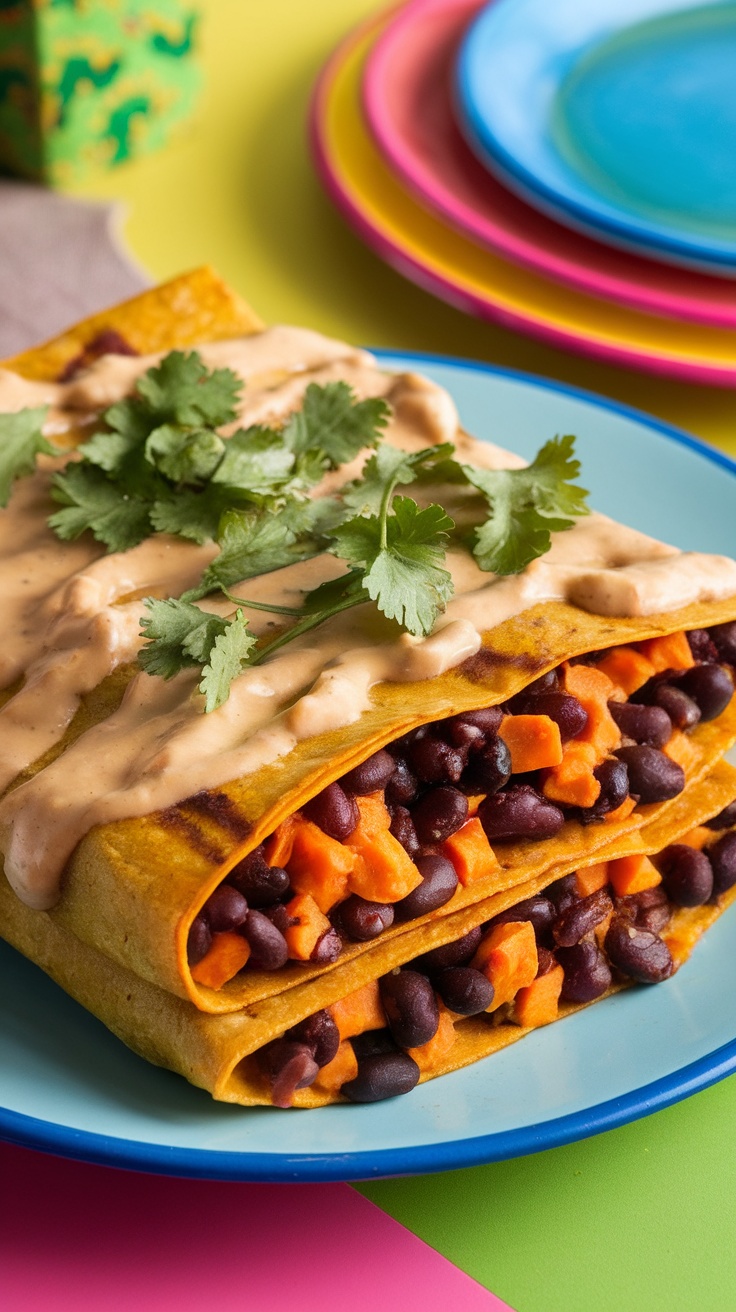 High Protein Sweet Potato and Black Bean Enchiladas with Cashew Cream Sauce Delicious black bean and sweet potato enchiladas topped with cashew cream, garnished with cilantro.