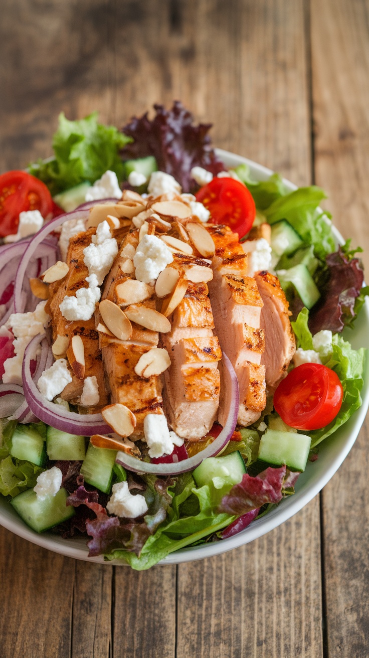 Grilled chicken salad with mixed greens, cucumbers, cherry tomatoes, red onions, toasted almonds, and feta cheese on a rustic wooden table.