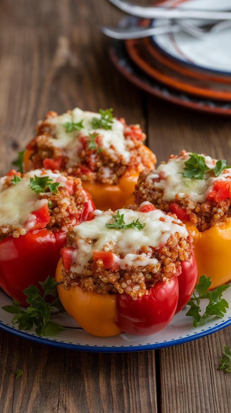High Protein Quinoa Stuffed Bell Peppers with Ground Turkey Four stuffed bell peppers filled with quinoa and ground turkey, topped with cheese on a rustic wooden table.