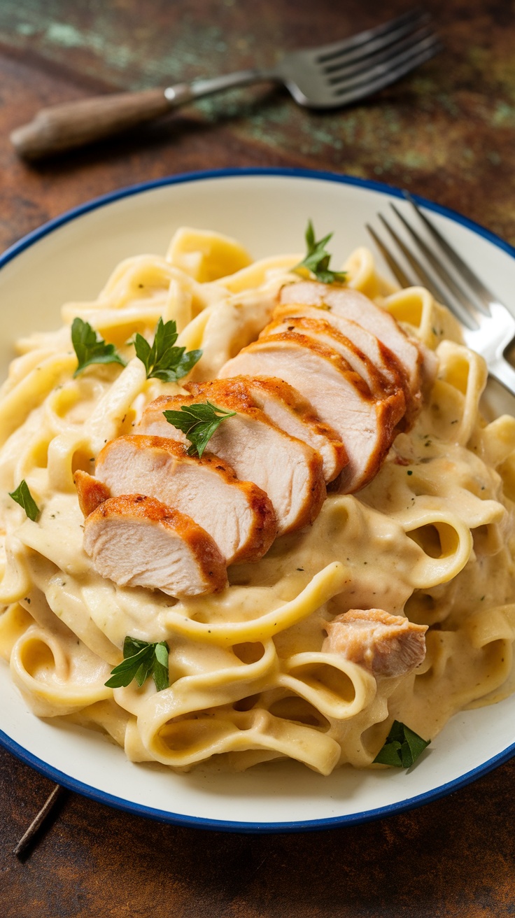 Creamy Chicken Alfredo with Fettuccine Pasta Recipe Creamy Chicken Alfredo with fettuccine pasta, garnished with parsley on a rustic table.