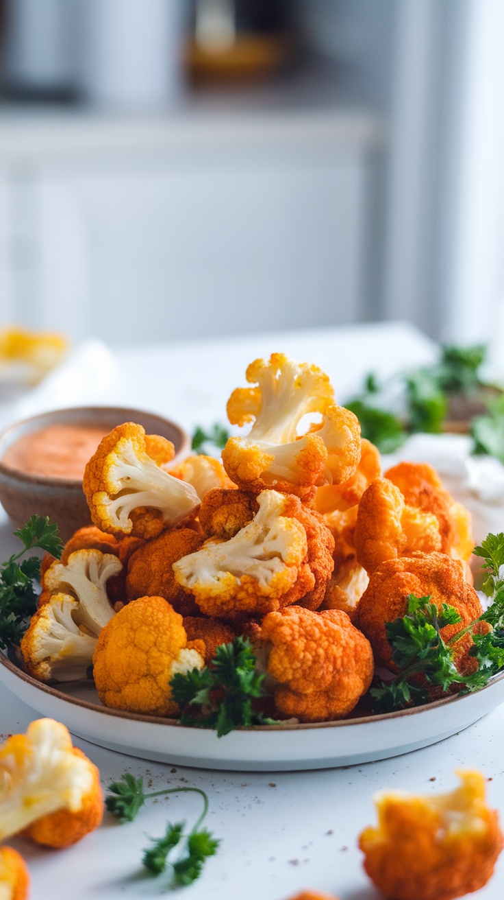 Crispy Air Fryer Cauliflower Bites Recipe A plate of golden crispy cauliflower bites served with dipping sauce and garnish.