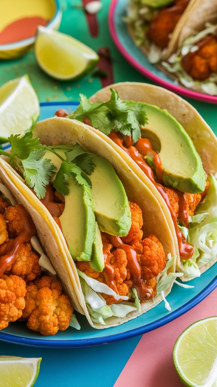 Crispy Air Fryer Cauliflower Tacos Recipe Crispy cauliflower tacos with avocado and cabbage on a plate, garnished with cilantro and lime.