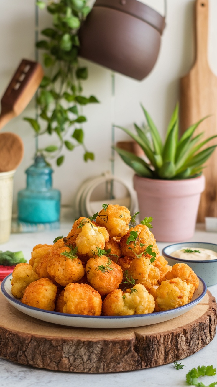 Crispy Air Fryer Cauliflower Tater Tots Recipe Crispy cauliflower tater tots served with dipping sauce on a wooden board.
