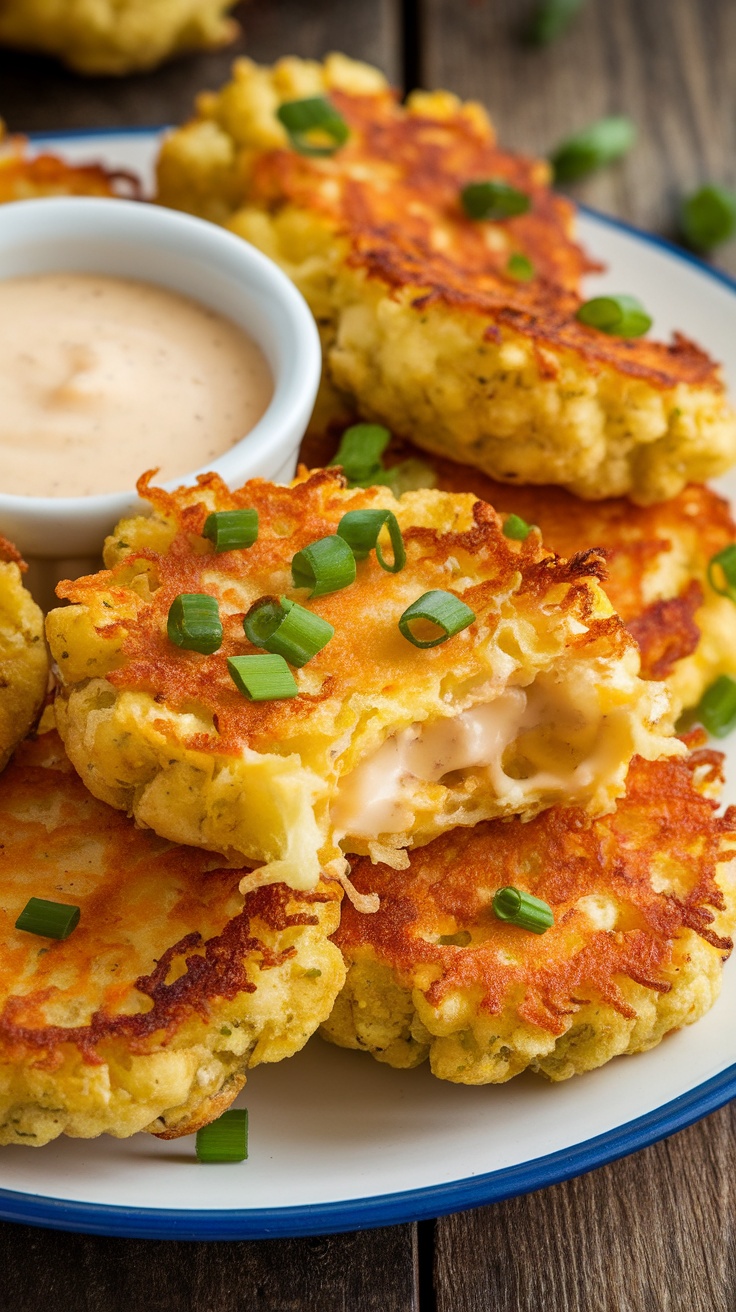 Crispy Cheesy Air Fryer Cauliflower Fritters Recipe Crispy cauliflower fritters served with a dipping sauce, garnished with green onions on a rustic wooden table.