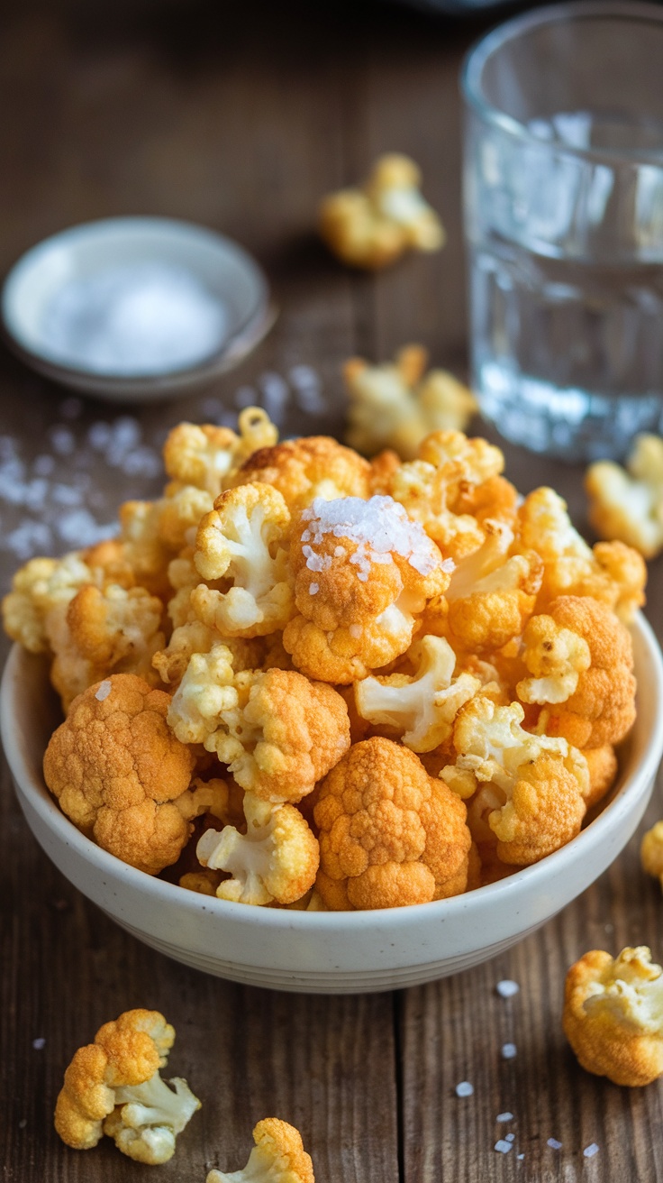 Crispy Air Fryer Cauliflower Popcorn with Sea Salt Crispy air fryer cauliflower popcorn in a bowl, garnished with sea salt on a wooden table.