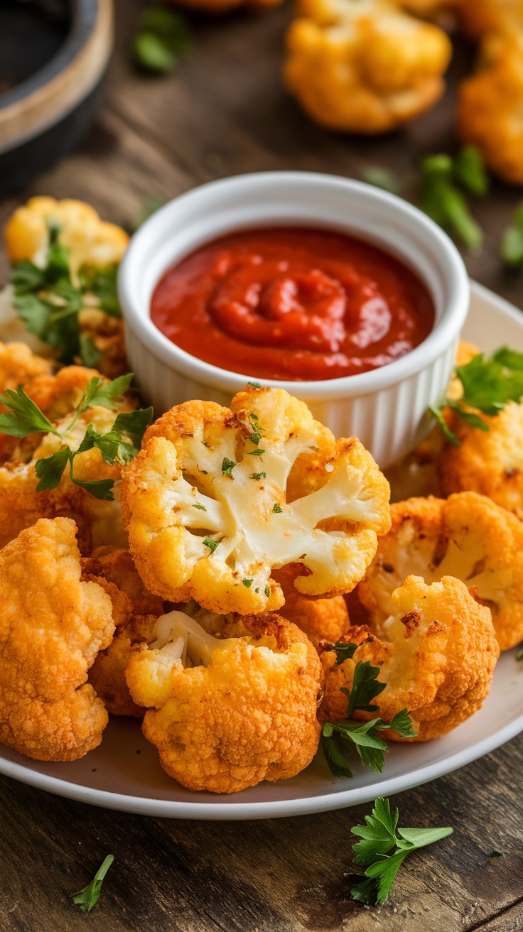 Crispy Garlic Parmesan Air Fryer Cauliflower Nuggets Crispy garlic parmesan cauliflower nuggets on a plate with parsley and dipping sauce.