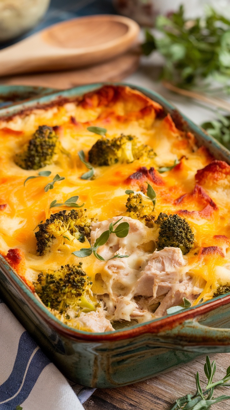 Keto Chicken Broccoli Cheddar Casserole in a baking dish, golden brown on top with chicken and broccoli.
