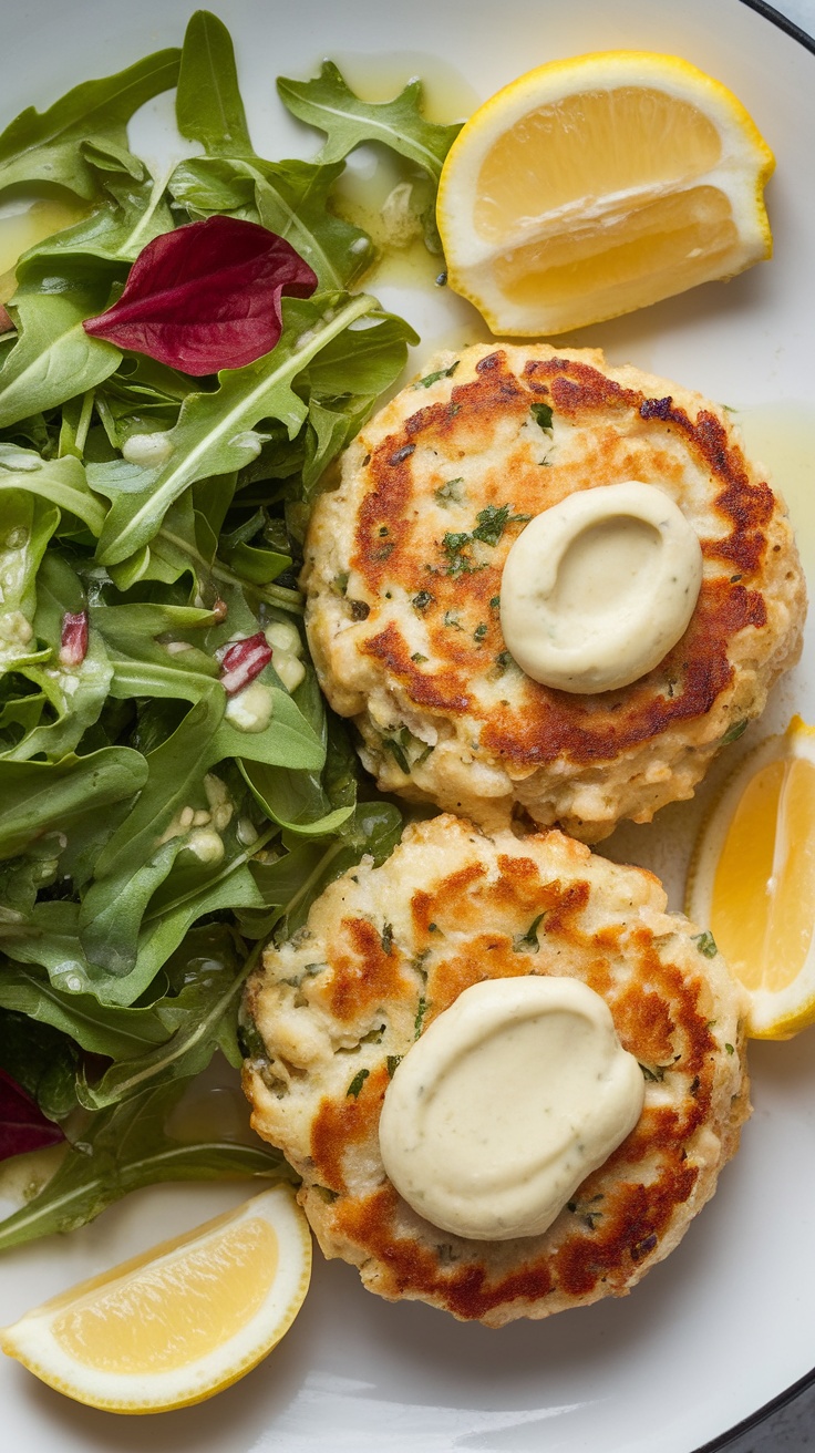 Romantic Crab Cakes with Lemon Aioli and Arugula Salad Crispy crab cakes with lemon aioli and arugula salad on a plate, garnished with lemon wedges.