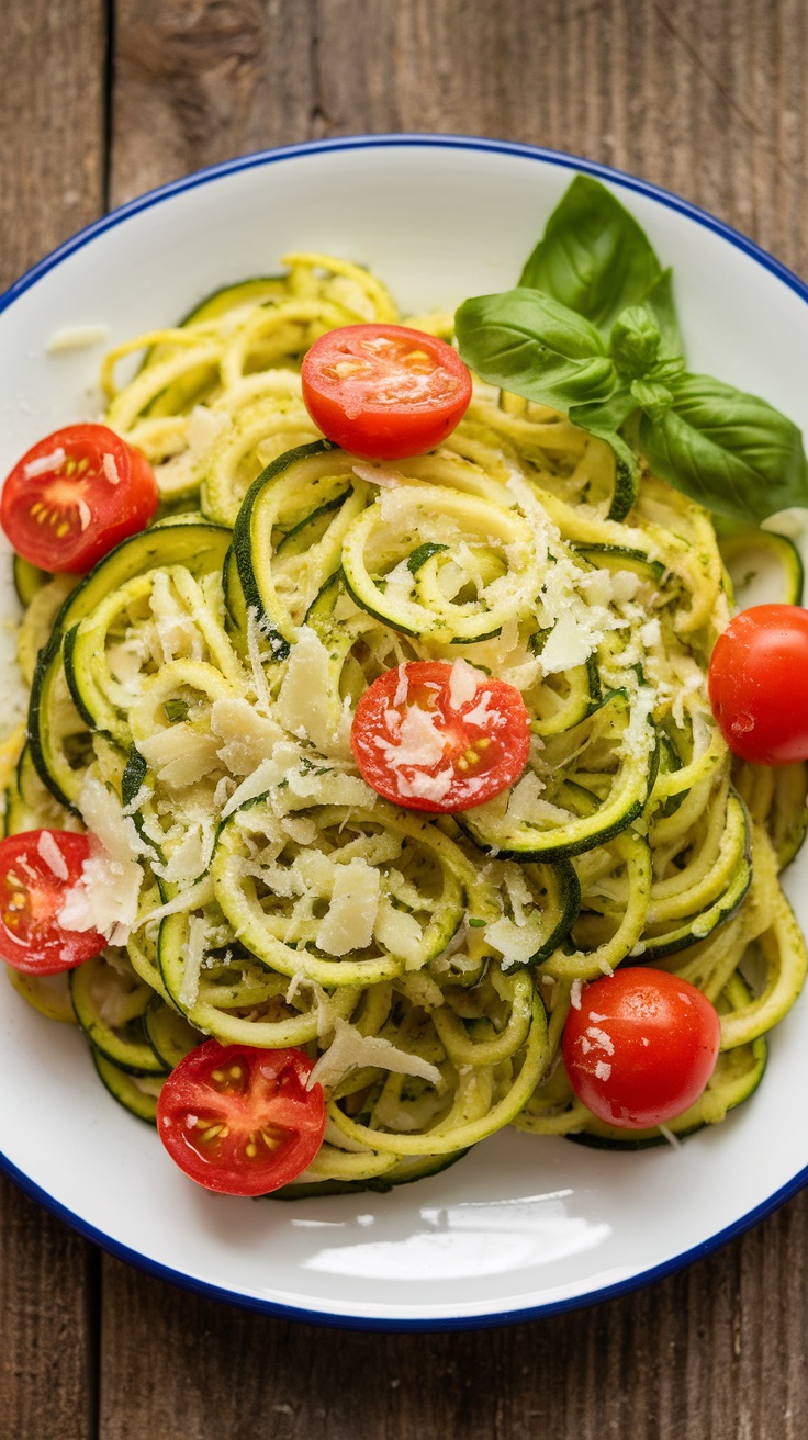 A colorful dish of zucchini noodles with pesto and cherry tomatoes, topped with parmesan cheese and basil.