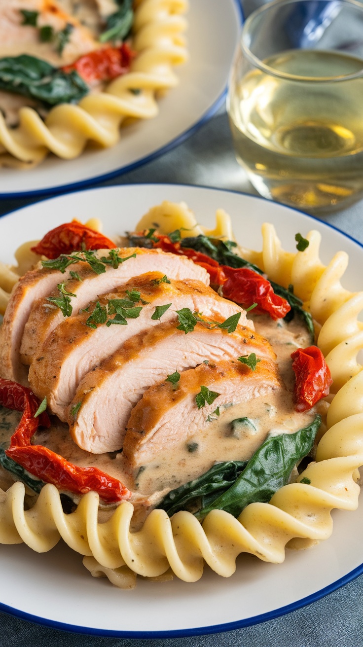 Creamy Tuscan Chicken Pasta with Spinach and Sun-Dried Tomatoes A plate of creamy Tuscan chicken pasta with chicken, sun-dried tomatoes, and spinach garnished with parsley.