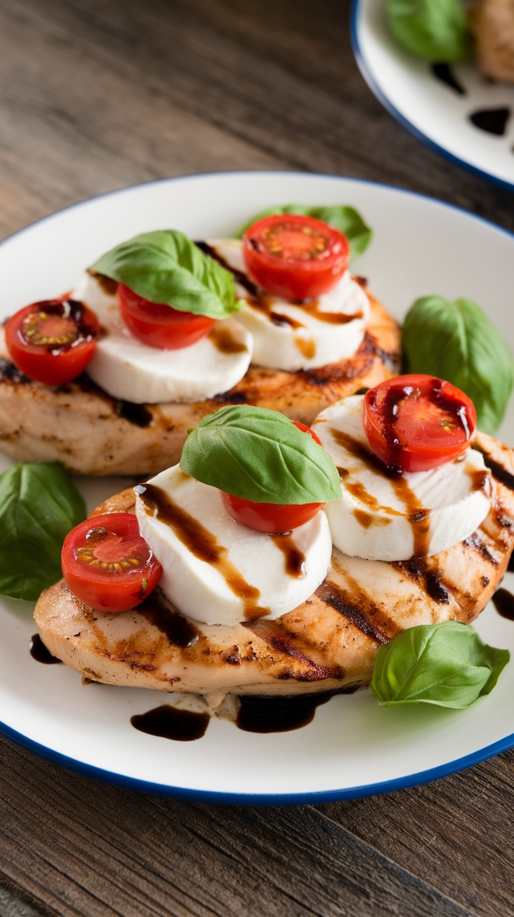 Plated Caprese chicken with mozzarella, cherry tomatoes, basil, and balsamic glaze on a wooden table.