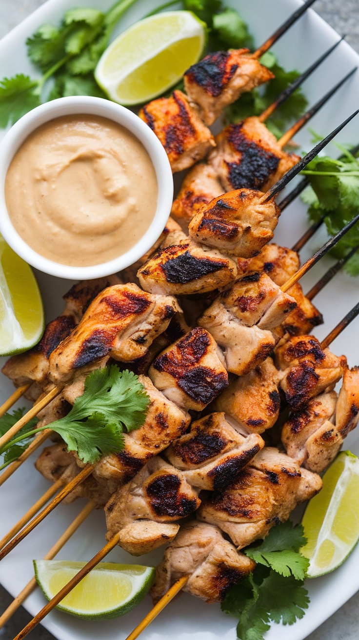 Grilled Chicken Satay with Peanut Dipping Sauce Grilled chicken satay skewers served with peanut dipping sauce and lime wedges on a platter.